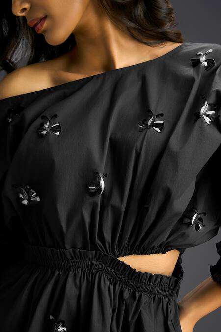 Deepika Arora_Black Cotton Bows Off-shoulder Designer Embellished Dress _at_Aza_Fashions