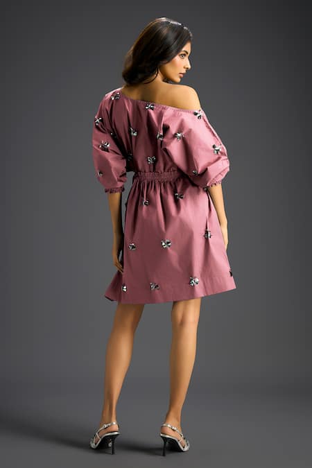 Shop Deepika Arora Pink Cotton Off-shoulder Embroidered Dress at Aza Fashions Shop_Deepika Arora_Pink Cotton Off-shoulder Embroidered Dress _at_Aza_Fashions
