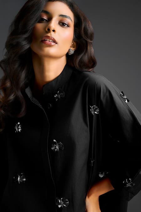 Deepika Arora_Black Cotton Bows Collared Designer Embellished Dress _Online_at_Aza_Fashions