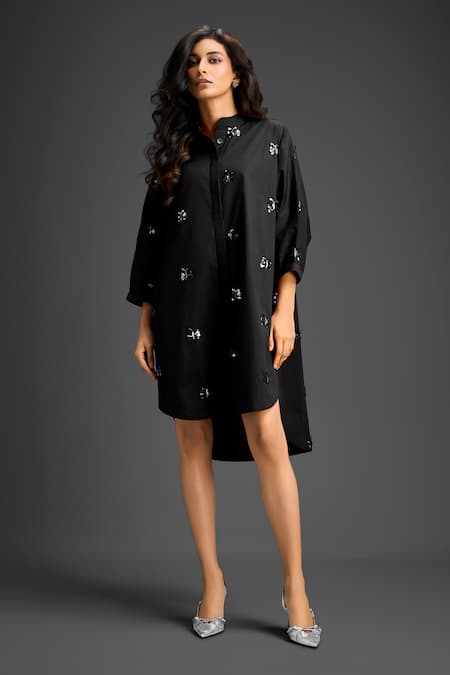 Deepika Arora Black Cotton Bows Collared Designer Embellished Dress 