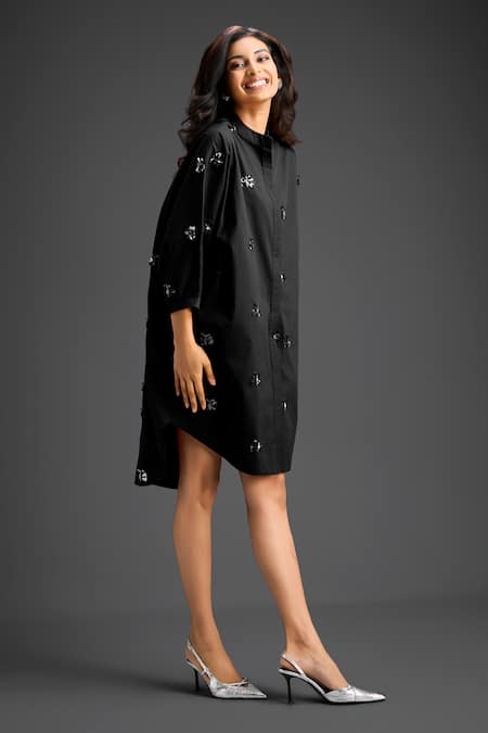 Buy_Deepika Arora_Black Cotton Bows Collared Designer Embellished Dress _Online_at_Aza_Fashions