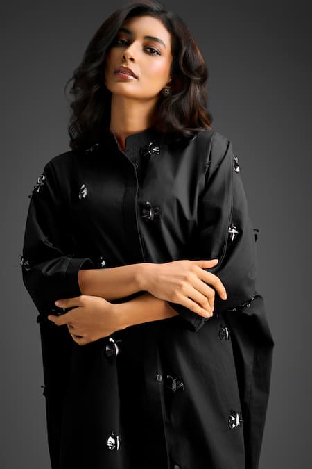 Deepika Arora_Black Cotton Bows Collared Designer Embellished Dress _at_Aza_Fashions