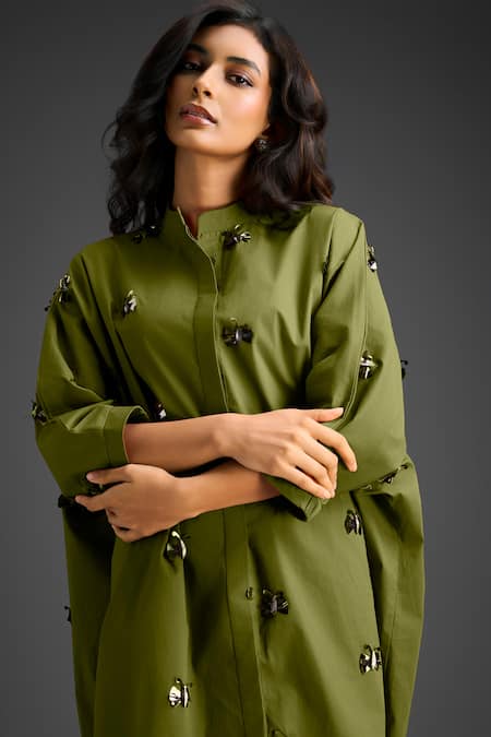 Deepika Arora Green Cotton Bows Collared Designer Dress Online at Aza Fashions Deepika Arora_Green Cotton Bows Collared Designer Dress _Online_at_Aza_Fashions