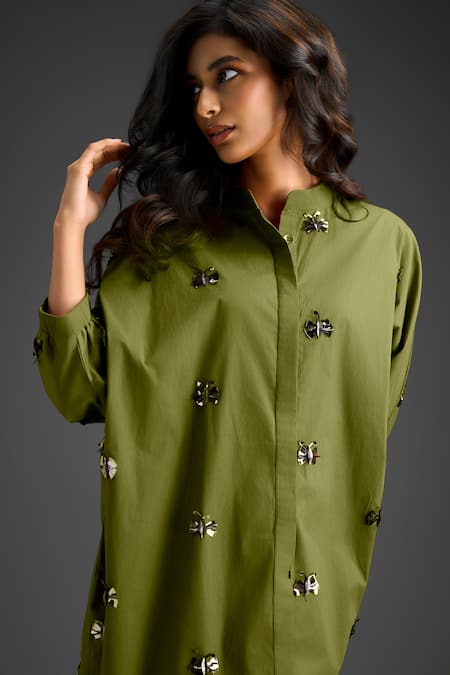 Buy Deepika Arora Green Cotton Bows Collared Designer Dress Online at Aza Fashions Buy_Deepika Arora_Green Cotton Bows Collared Designer Dress _Online_at_Aza_Fashions