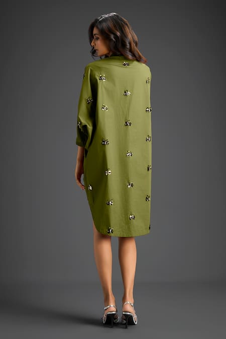 Shop Deepika Arora Green Cotton Bows Collared Designer Dress at Aza Fashions Shop_Deepika Arora_Green Cotton Bows Collared Designer Dress _at_Aza_Fashions