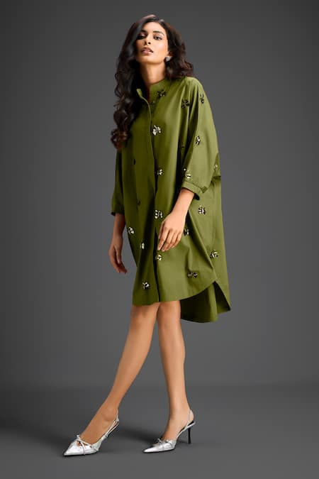Shop Deepika Arora Green Cotton Bows Collared Designer Dress Online at Aza Fashions Shop_Deepika Arora_Green Cotton Bows Collared Designer Dress _Online_at_Aza_Fashions