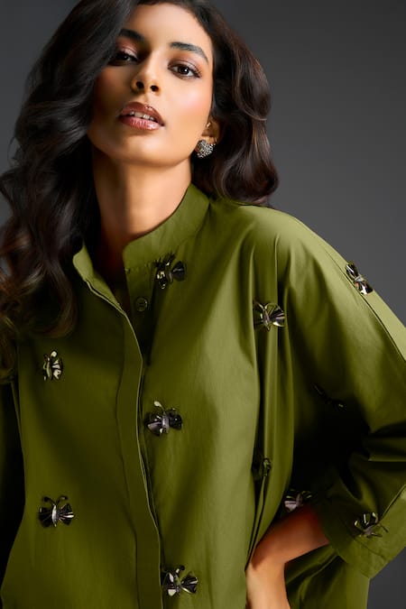 Deepika Arora Green Cotton Bows Collared Designer Dress at Aza Fashions Deepika Arora_Green Cotton Bows Collared Designer Dress _at_Aza_Fashions