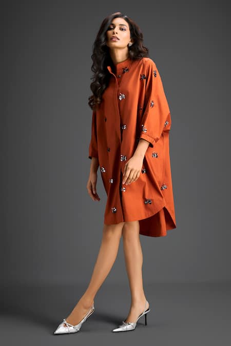 Deepika Arora_Orange Cotton Bows Collared Embroidered Dress _Online_at_Aza_Fashions