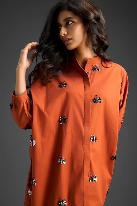 Shop_Deepika Arora_Orange Cotton Bows Collared Embroidered Dress _Online_at_Aza_Fashions