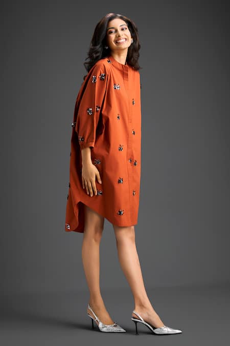 Deepika Arora_Orange Cotton Bows Collared Embroidered Dress _at_Aza_Fashions