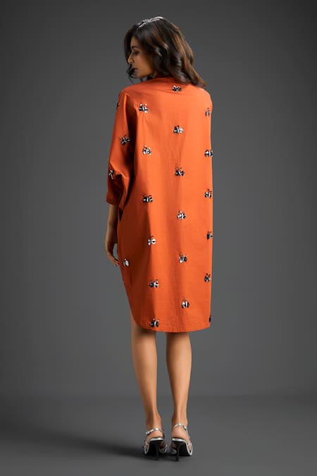 Shop_Deepika Arora_Orange Cotton Bows Collared Embroidered Dress _at_Aza_Fashions