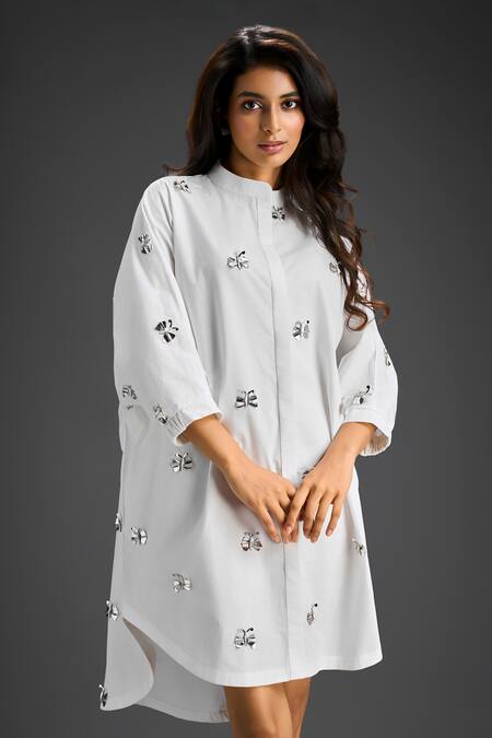Deepika Arora White Cotton Bows Mandarin Collar Designer Embroidered Dress at Aza Fashions Deepika Arora_White Cotton Bows Mandarin Collar Designer Embroidered Dress _at_Aza_Fashions