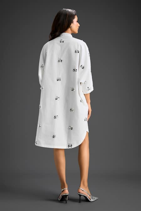 Shop Deepika Arora White Cotton Bows Mandarin Collar Designer Embroidered Dress at Aza Fashions Shop_Deepika Arora_White Cotton Bows Mandarin Collar Designer Embroidered Dress _at_Aza_Fashions