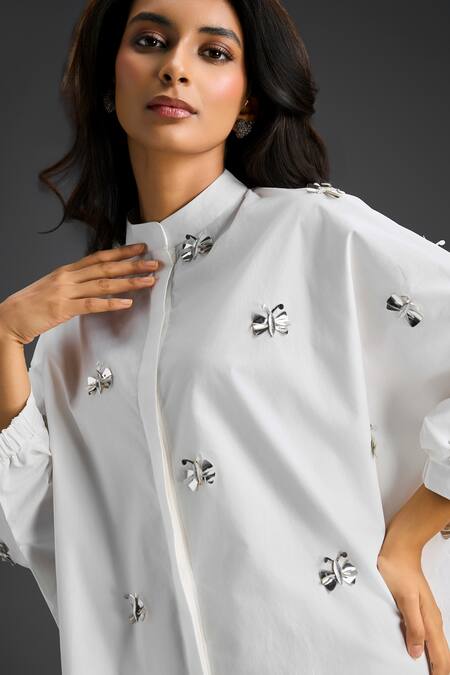 Buy Deepika Arora White Cotton Bows Mandarin Collar Designer Embroidered Dress Buy_Deepika Arora_White Cotton Bows Mandarin Collar Designer Embroidered Dress