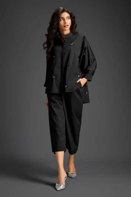 Deepika Arora Black Cotton Collared Designer Shirt And Pant Set 