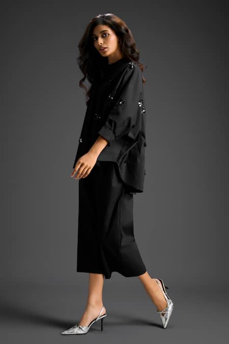 Shop_Deepika Arora_Black Cotton Collared Designer Shirt And Pant Set _Online_at_Aza_Fashions