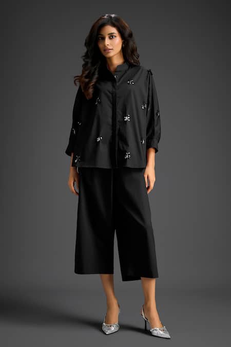Deepika Arora_Black Cotton Collared Designer Shirt And Pant Set _at_Aza_Fashions