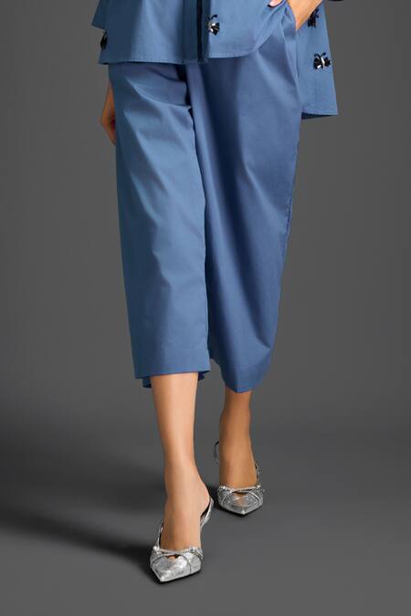 Deepika Arora_Blue Cotton Embroidery Collared Shirt And Pant Set _Online_at_Aza_Fashions