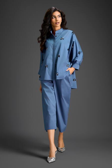 Buy_Deepika Arora_Blue Cotton Embroidery Collared Shirt And Pant Set _Online_at_Aza_Fashions