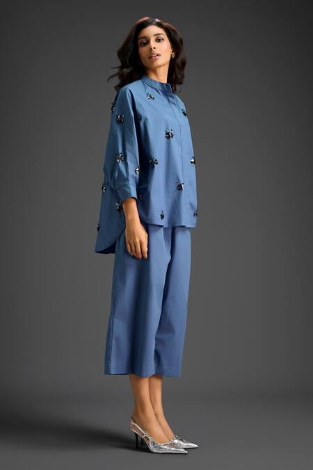 Shop_Deepika Arora_Blue Cotton Embroidery Collared Shirt And Pant Set _Online_at_Aza_Fashions