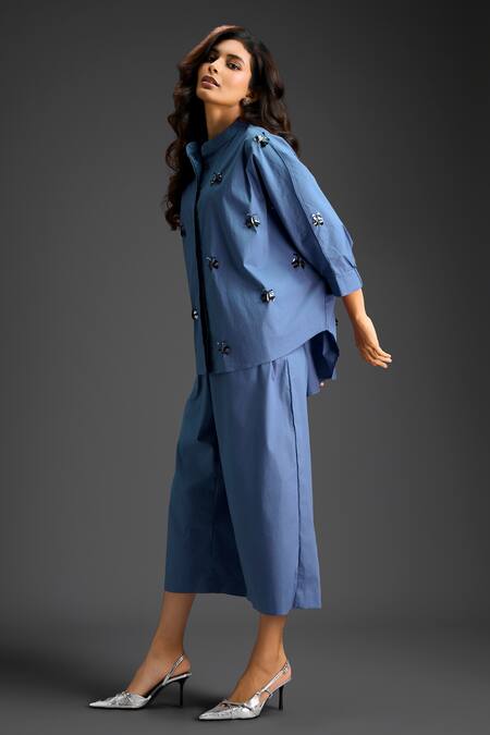 Deepika Arora_Blue Cotton Embroidery Collared Shirt And Pant Set _at_Aza_Fashions