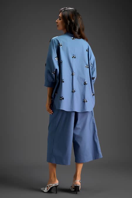 Deepika Arora Embroidered Blue Cotton Shirt & Pant Set 