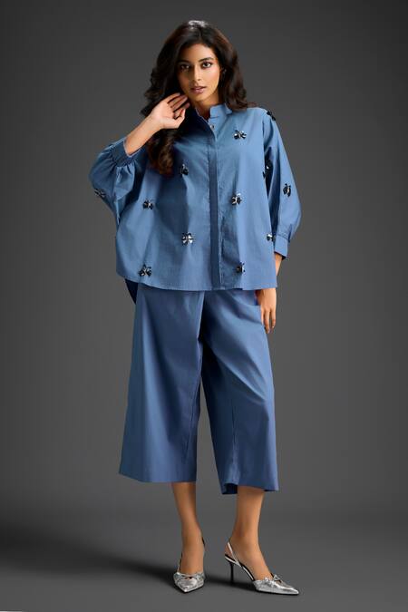 Buy_Deepika Arora_Blue Cotton Embroidery Collared Shirt And Pant Set 