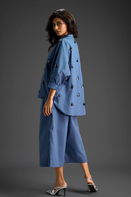 Shop_Deepika Arora_Blue Cotton Embroidery Collared Shirt And Pant Set 