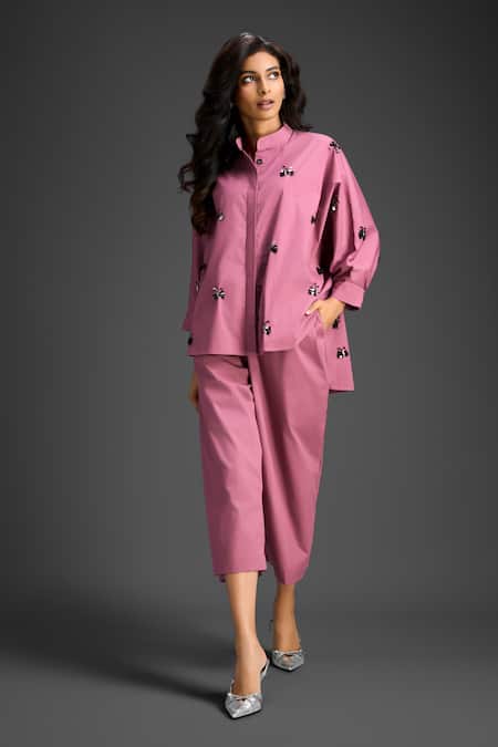 Buy_Deepika Arora_Pink Cotton Embroidery Collared Designer Shirt And Pant Set _Online_at_Aza_Fashions