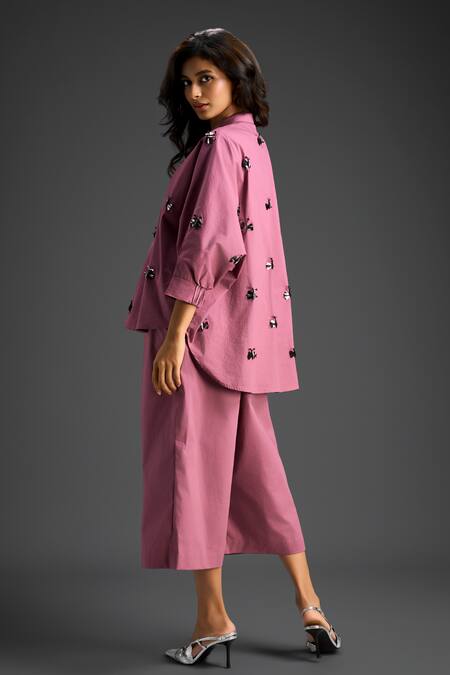 Deepika Arora_Pink Cotton Embroidery Collared Designer Shirt And Pant Set _at_Aza_Fashions