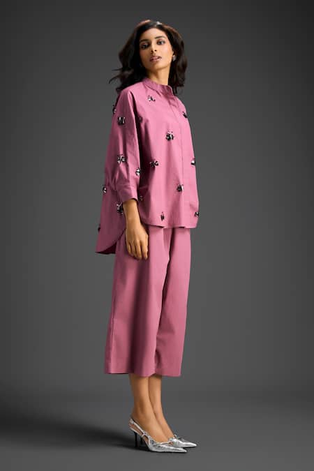 Buy_Deepika Arora_Pink Cotton Embroidery Collared Designer Shirt And Pant Set 