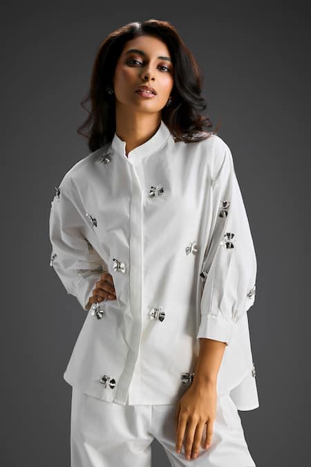 Deepika Arora White Cotton Bows Mandarin Collar Designer Shirt And Pant Set Online at Aza Fashions Deepika Arora_White Cotton Bows Mandarin Collar Designer Shirt And Pant Set _Online_at_Aza_Fashions