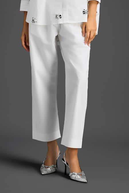 Buy Deepika Arora White Cotton Bows Mandarin Collar Designer Shirt And Pant Set Online at Aza Fashions Buy_Deepika Arora_White Cotton Bows Mandarin Collar Designer Shirt And Pant Set _Online_at_Aza_Fashions
