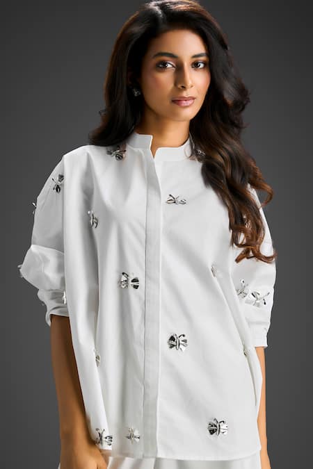 Shop Deepika Arora White Cotton Bows Mandarin Collar Designer Shirt And Pant Set Online at Aza Fashions Shop_Deepika Arora_White Cotton Bows Mandarin Collar Designer Shirt And Pant Set _Online_at_Aza_Fashions