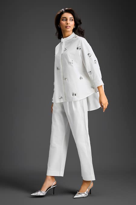 Deepika Arora White Cotton Bows Mandarin Collar Designer Shirt And Pant Set at Aza Fashions Deepika Arora_White Cotton Bows Mandarin Collar Designer Shirt And Pant Set _at_Aza_Fashions