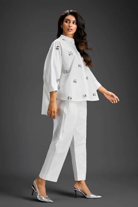 Buy Deepika Arora White Cotton Bows Mandarin Collar Designer Shirt And Pant Set Buy_Deepika Arora_White Cotton Bows Mandarin Collar Designer Shirt And Pant Set