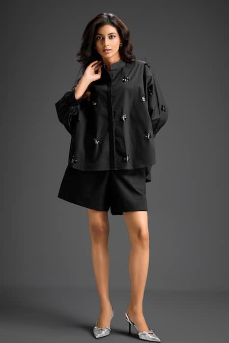 Deepika Arora Black Cotton Bows Collared Designer Shirt And Shorts Set 