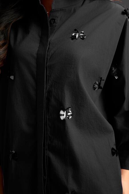Deepika Arora_Black Cotton Bows Collared Designer Shirt And Shorts Set _Online_at_Aza_Fashions