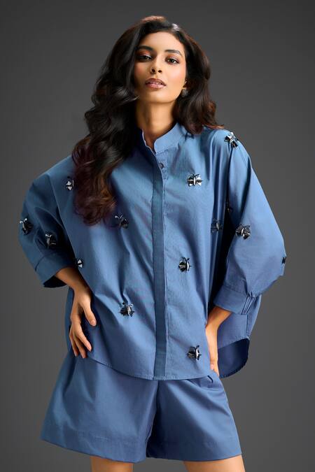 Deepika Arora_Blue Cotton Bows Collared Designer Embroidered Shirt And Shorts Set _Online_at_Aza_Fashions