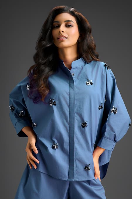 Buy_Deepika Arora_Blue Cotton Bows Collared Designer Embroidered Shirt And Shorts Set _Online_at_Aza_Fashions