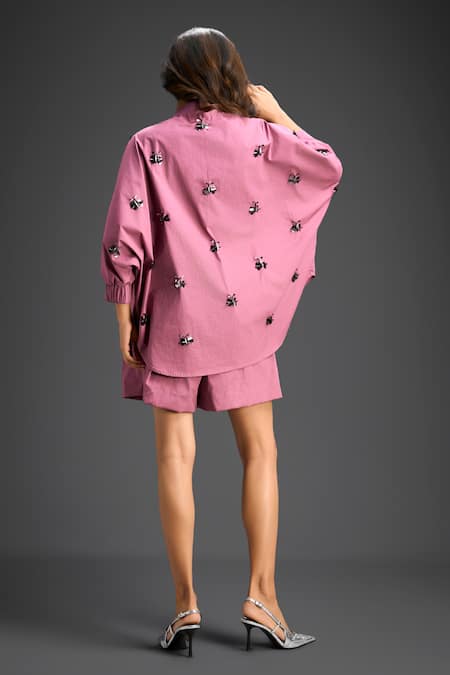 Deepika Arora_Pink Cotton Bows Mandarin Collar Designer Shirt And Shorts Set _Online_at_Aza_Fashions