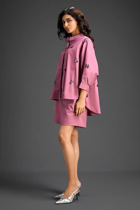 Shop_Deepika Arora_Pink Cotton Bows Mandarin Collar Designer Shirt And Shorts Set _Online_at_Aza_Fashions