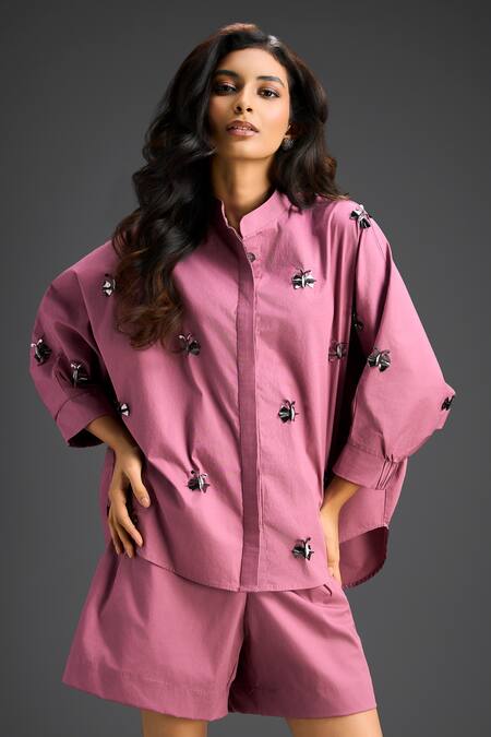 Deepika Arora_Pink Cotton Bows Mandarin Collar Designer Shirt And Shorts Set _at_Aza_Fashions
