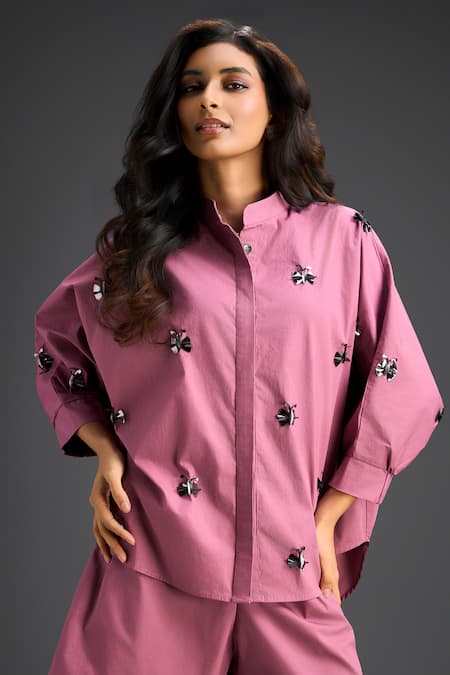 Buy_Deepika Arora_Pink Cotton Bows Mandarin Collar Designer Shirt And Shorts Set 