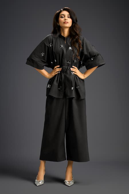 Deepika Arora Black Cotton Embroidery Mandarin Collar Designer Shirt And Pant Set 