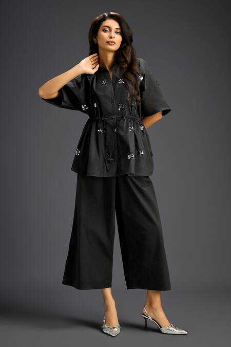 Buy_Deepika Arora_Black Cotton Embroidery Mandarin Collar Designer Shirt And Pant Set _Online_at_Aza_Fashions