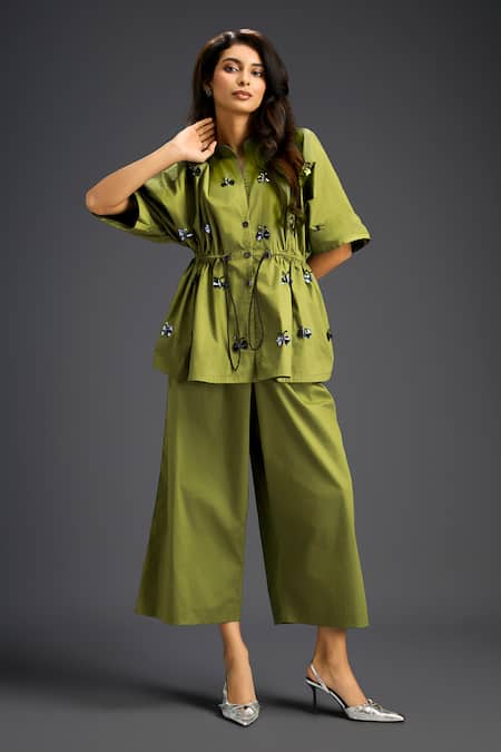 Deepika Arora Green Cotton Embroidery Mandarin Collar Designer Shirt And Pant Set 