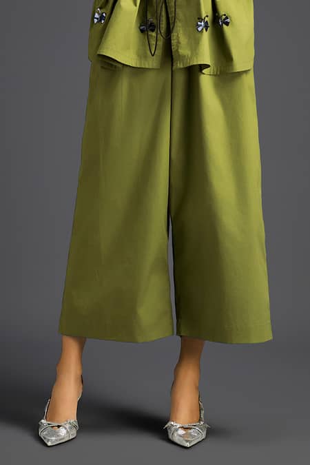 Buy_Deepika Arora_Green Cotton Embroidery Mandarin Collar Designer Shirt And Pant Set _Online_at_Aza_Fashions