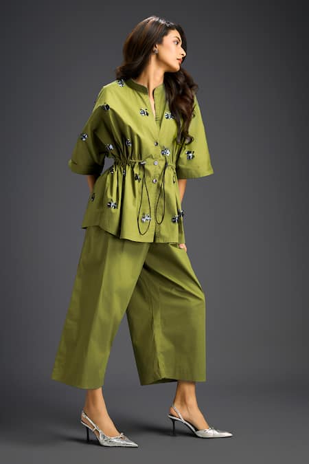 Deepika Arora_Green Cotton Embroidery Mandarin Collar Designer Shirt And Pant Set _at_Aza_Fashions