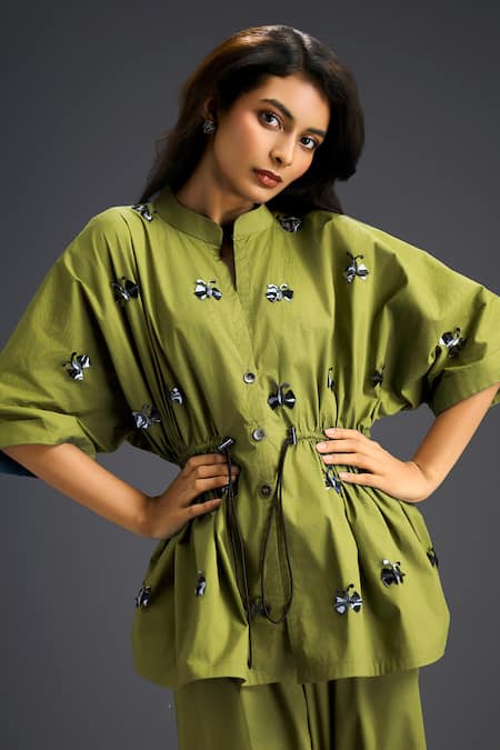 Buy_Deepika Arora_Green Cotton Embroidery Mandarin Collar Designer Shirt And Pant Set 